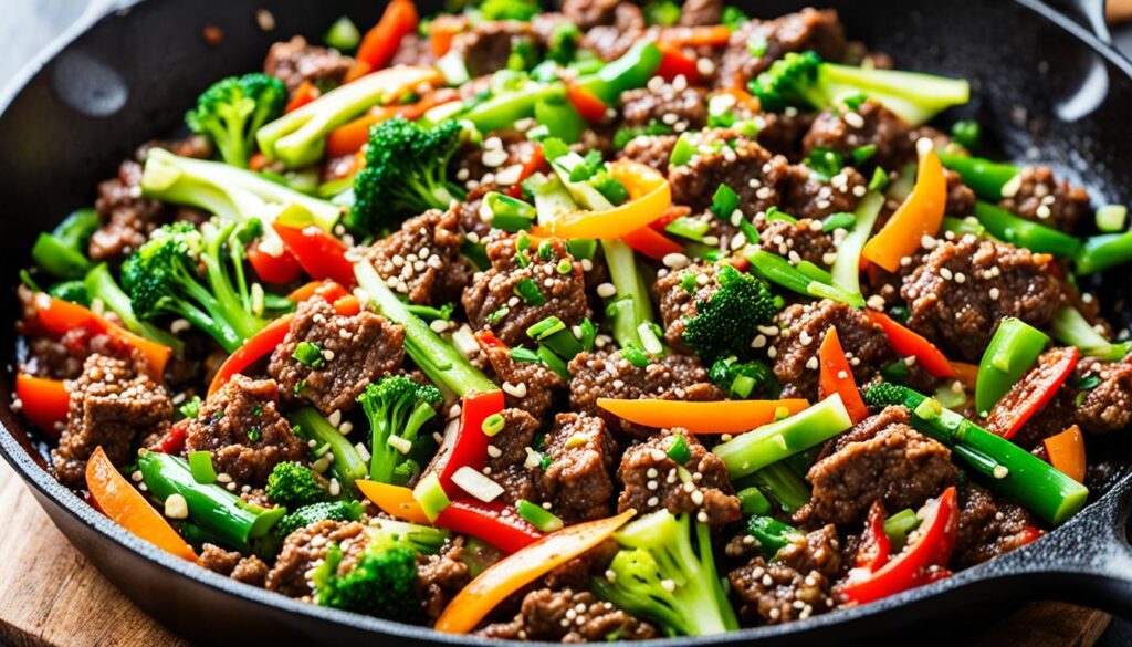 Asian-inspired ground beef stir-fry in cast iron skillet