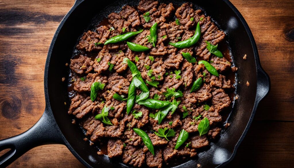 Cast iron cooking with ground beef