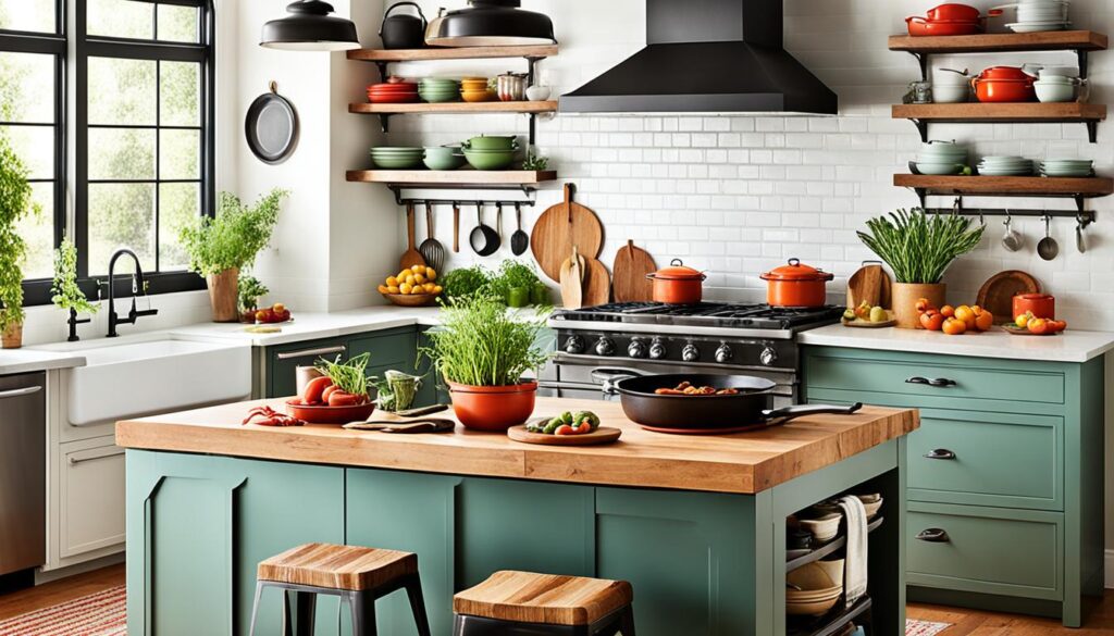 Colorful cookware enhancing kitchen aesthetics