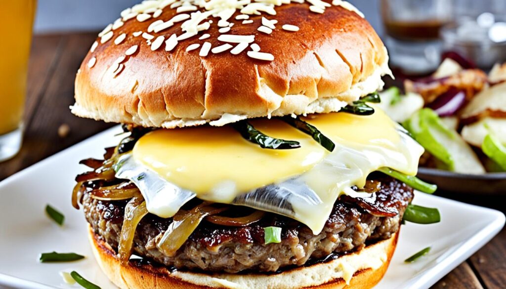 French onion burgers with caramelized onions