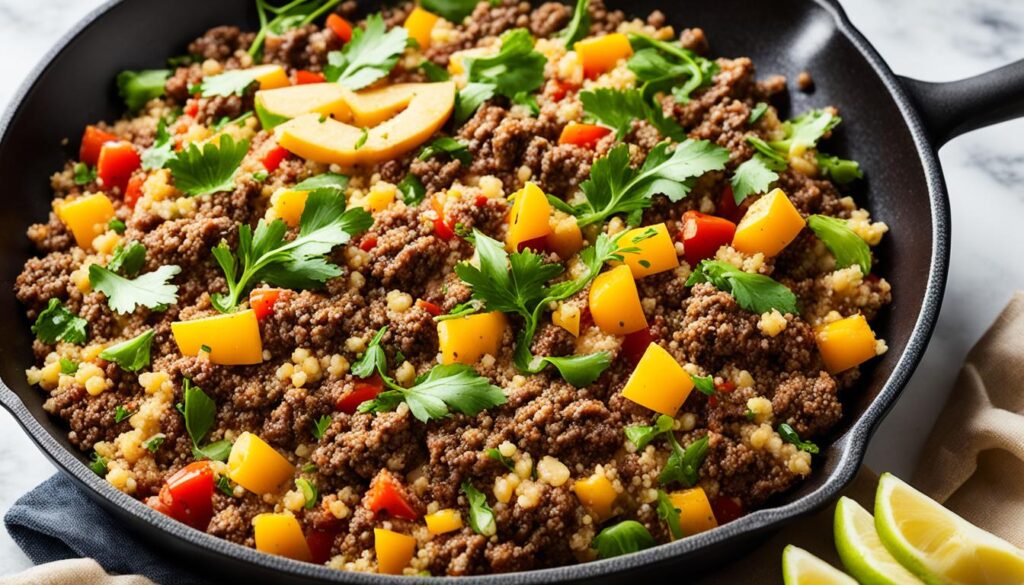 Ground beef and quinoa power bowl skillet