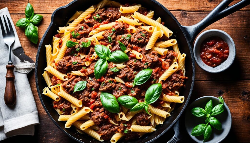 Italian ground beef pasta skillet