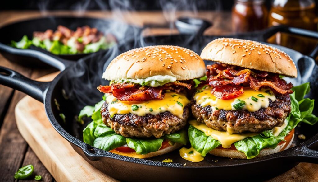 Jalapeño popper burgers in cast iron skillet