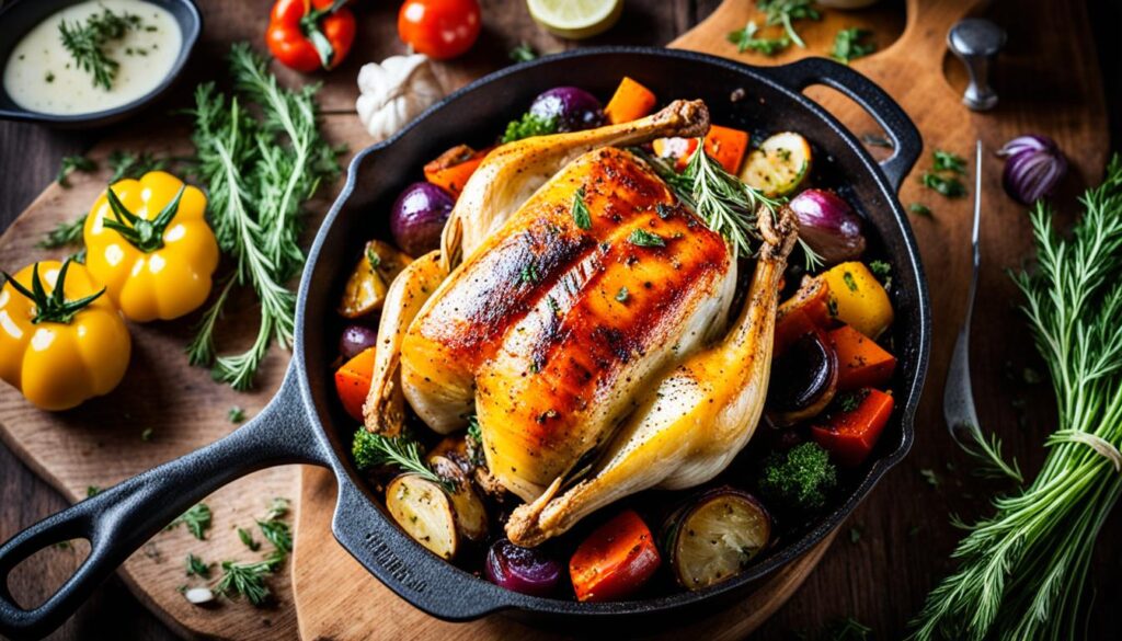 Skillet roasting vegetables and chicken