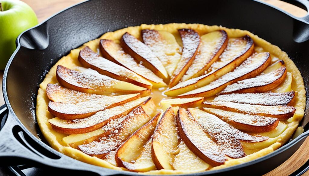 Apple cinnamon Dutch baby pancake in cast iron skillet