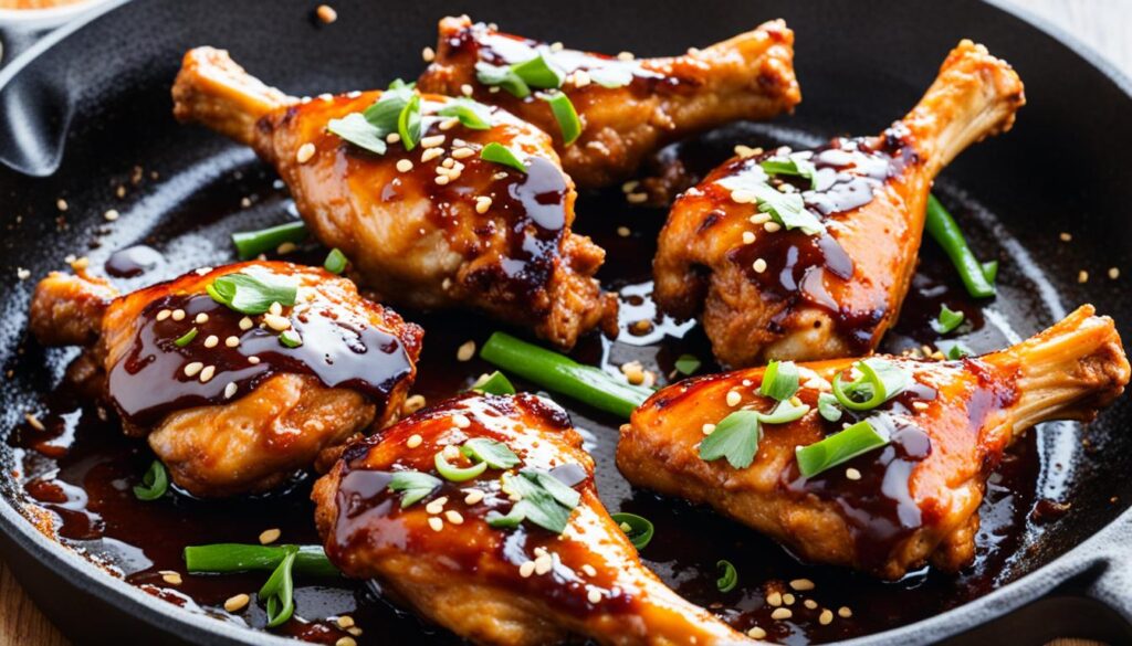 Asian chicken drumsticks in cast iron skillet