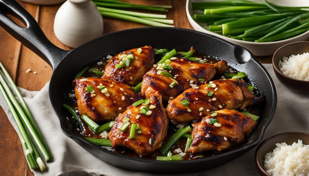 Asian-fusion chicken in cast iron skillet