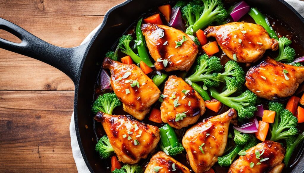 Asian-fusion chicken in cast iron skillet