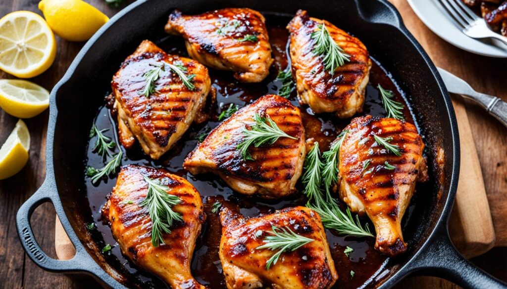 BBQ bourbon glazed chicken in cast iron skillet