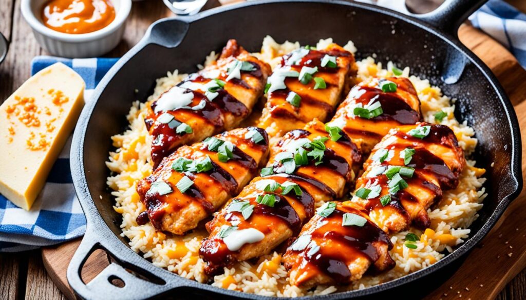 BBQ chicken and cheesy rice skillet