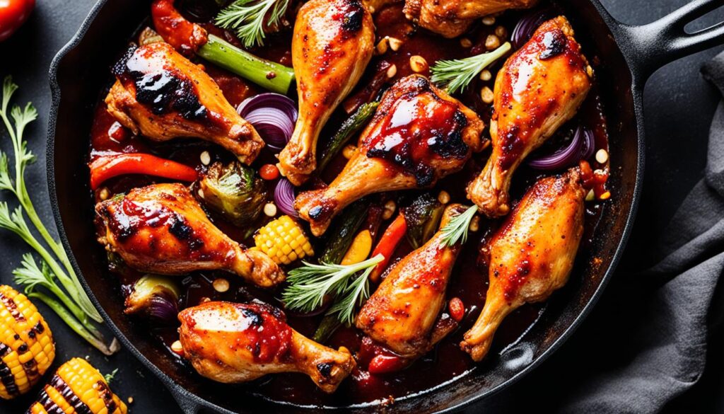 BBQ chicken drumsticks in cast iron skillet