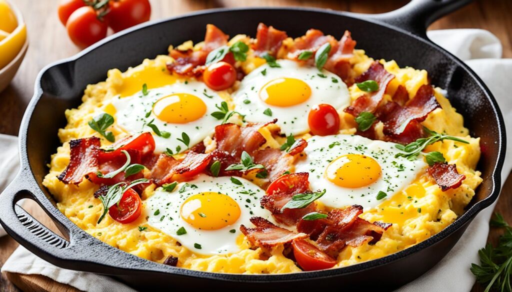 Bacon and egg breakfast pizza in cast iron skillet