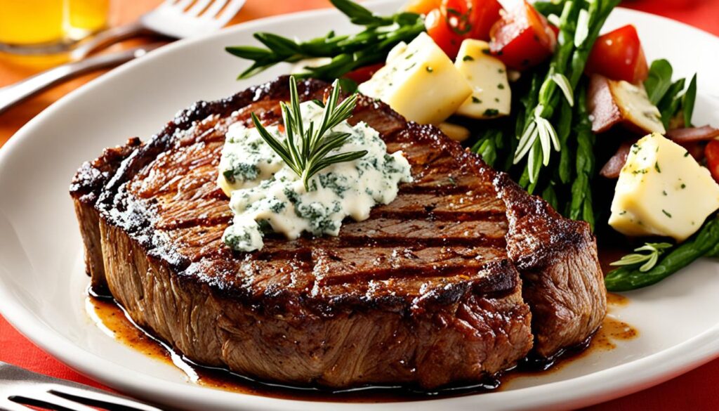 Blue cheese crusted ribeye steak in cast iron skillet