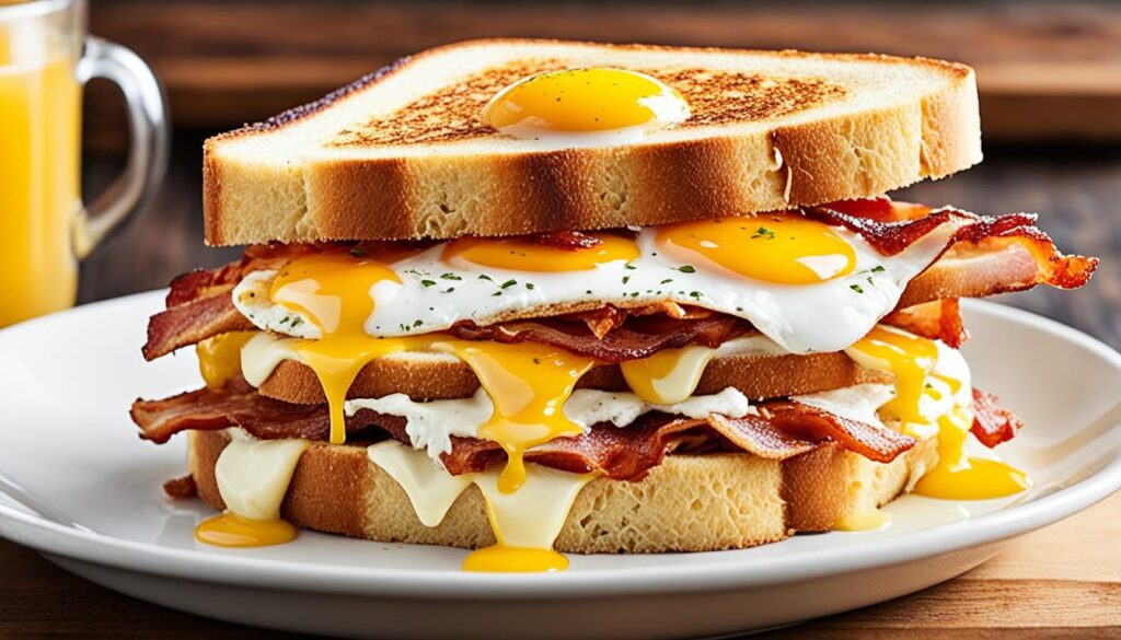 Breakfast grilled cheese sandwich with egg and bacon