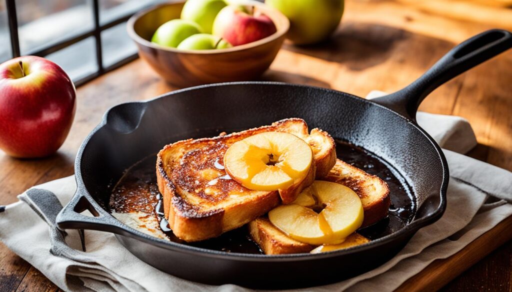 Brioche French Toast with caramelized apples in a cast iron skillet