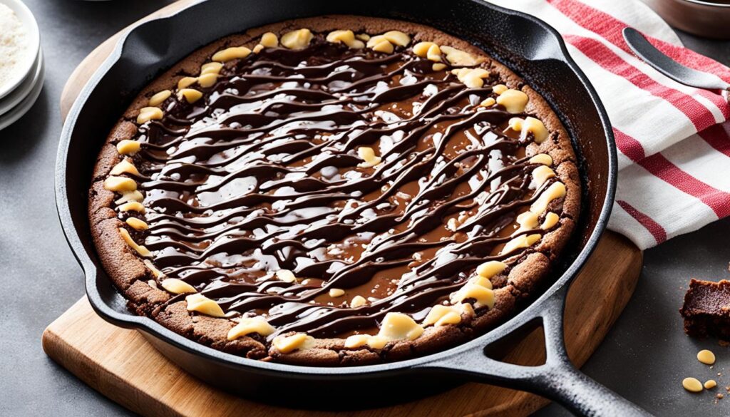 Brownie cookie hybrid in cast iron skillet