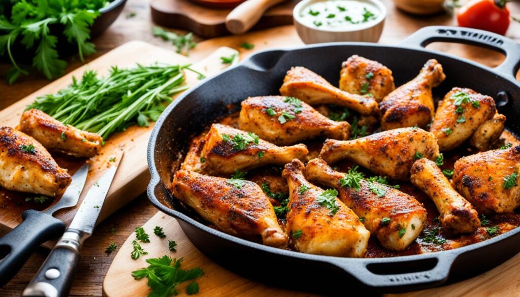 Cajun chicken drumsticks in cast iron skillet