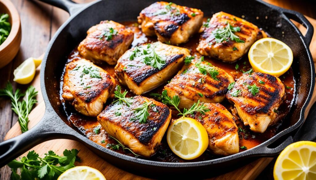 Cajun chicken thighs in cast iron skillet