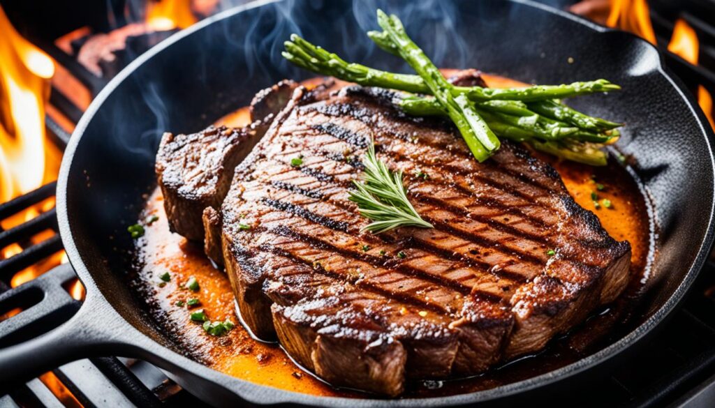 Cajun-spiced blackened ribeye in cast iron skillet