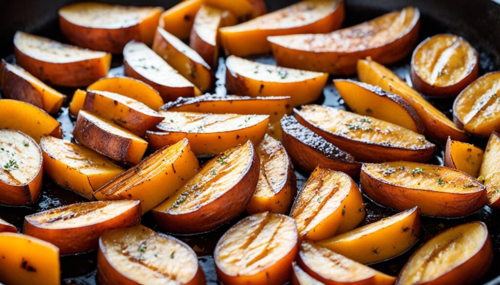 Caramelized sweet potatoes in cast iron skillet