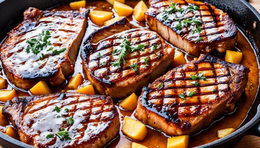 Cast iron pork chops with apple cider glaze