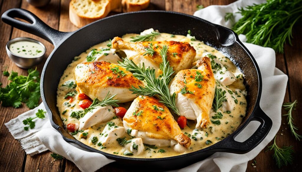 Cast iron skillet with creamy chicken