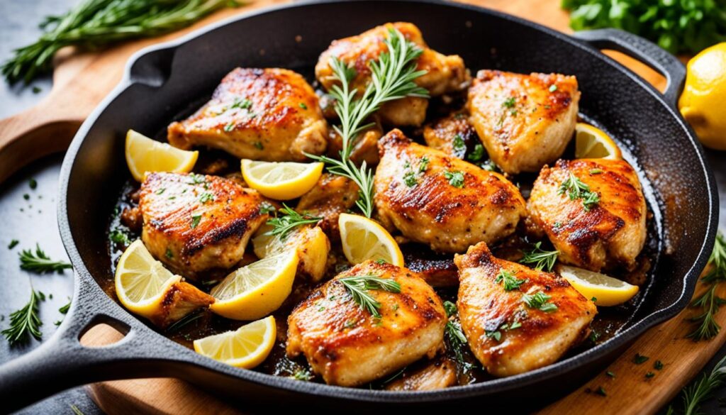 Cast iron skillet with crispy chicken thighs