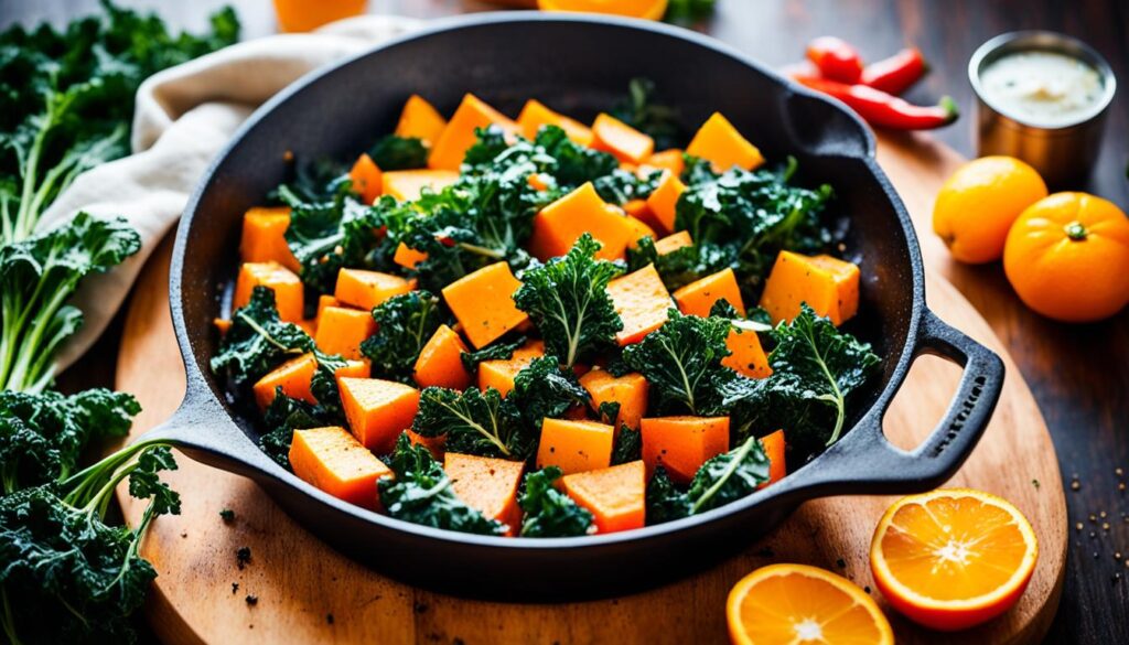 Cast iron skillet with sweet potatoes