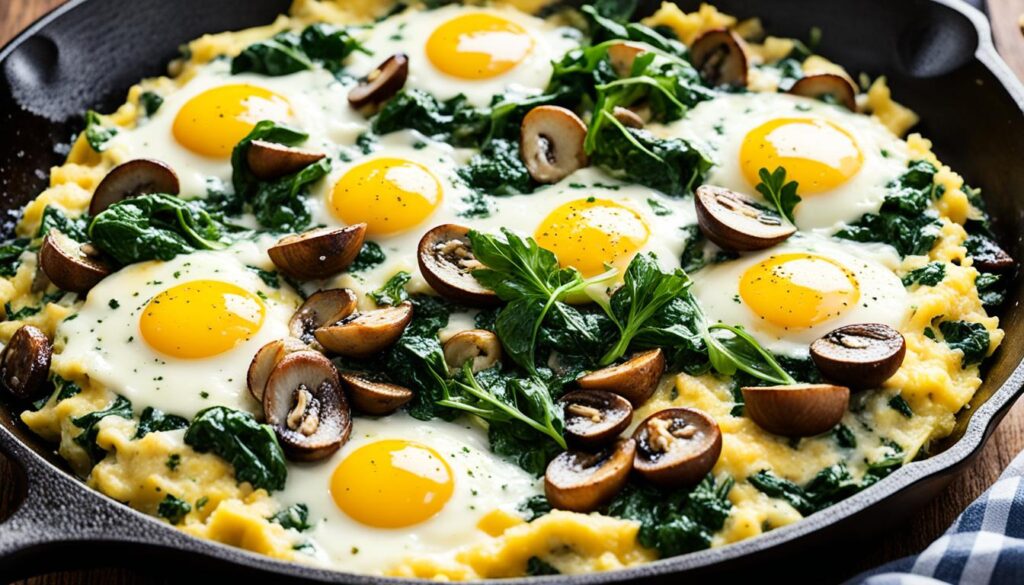 Cheesy spinach and mushroom baked eggs in cast iron skillet