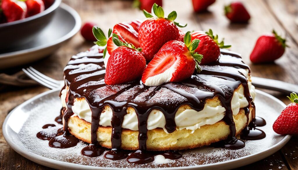 Chocolate-swirled strawberry shortcake in cast iron skillet