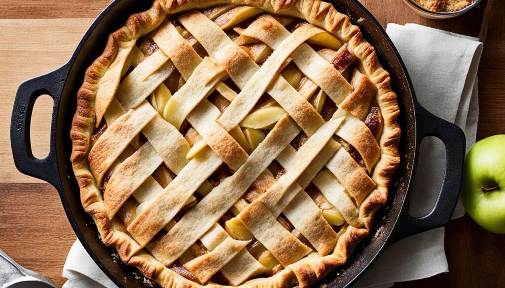 Classic apple pie in cast iron skillet