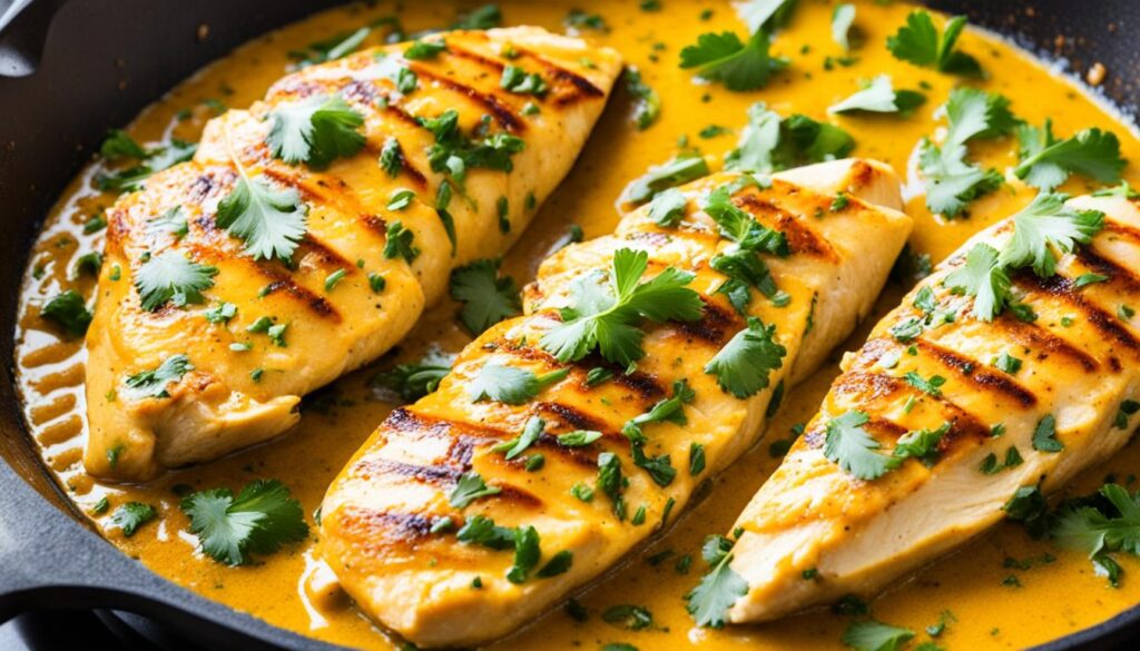 Coconut curry chicken in cast iron skillet