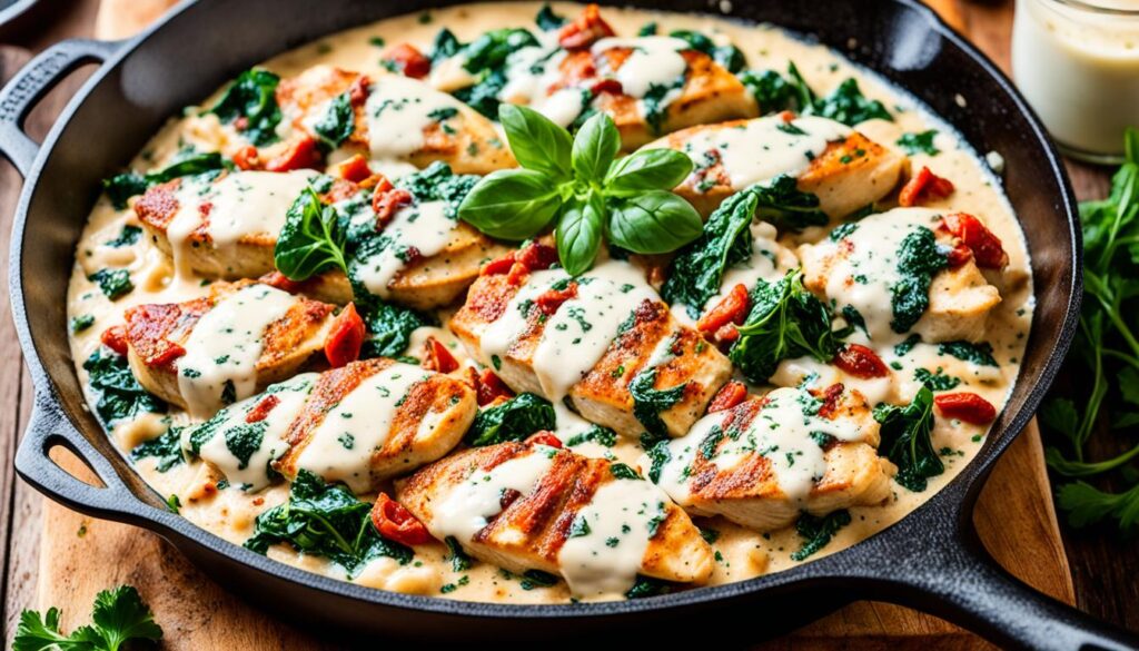 Creamy Tuscan chicken in cast iron skillet