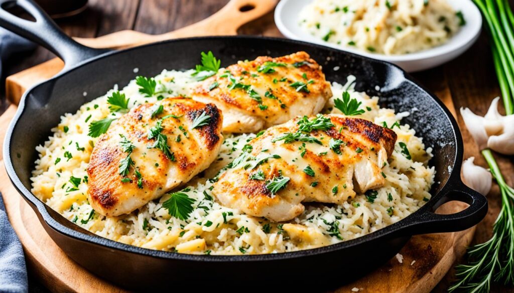 Creamy garlic Parmesan chicken and rice in cast iron skillet