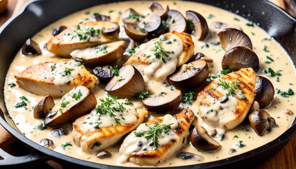 Creamy mushroom chicken in cast iron skillet