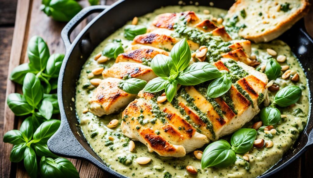 Creamy pesto chicken skillet with basil and pine nuts