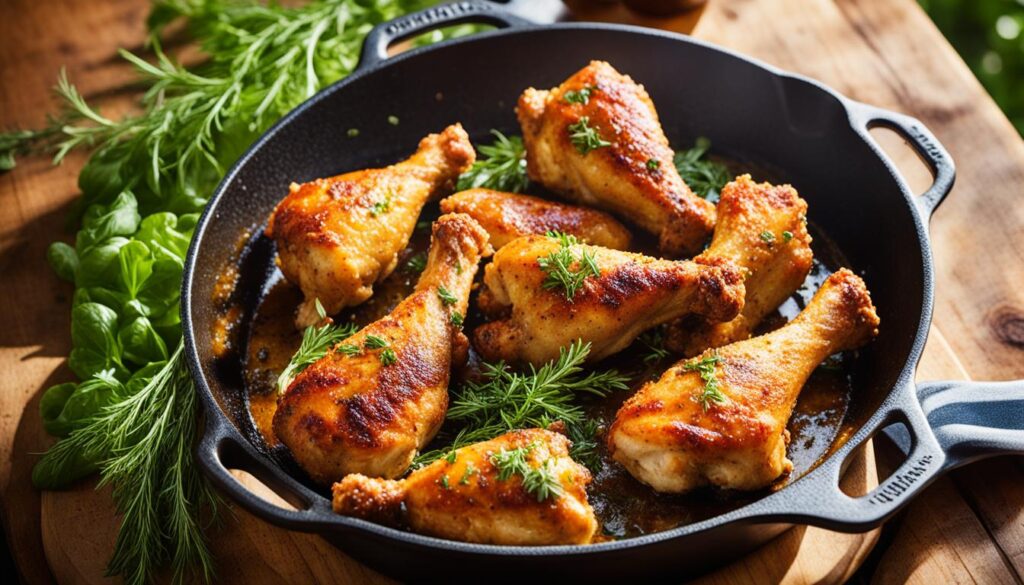 Crispy chicken drumsticks in skillet