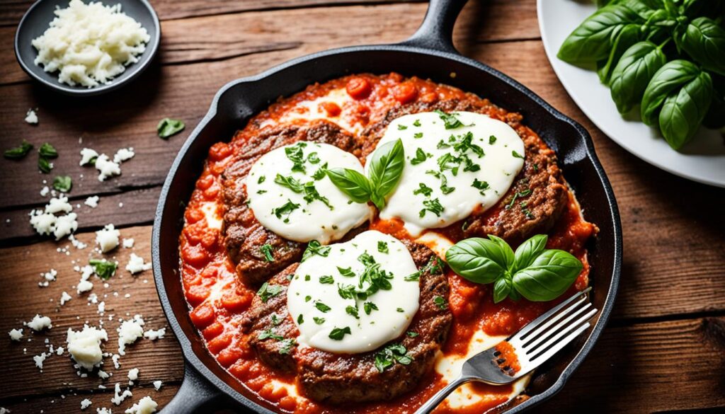 Cube steak Parmigiana in cast iron skillet