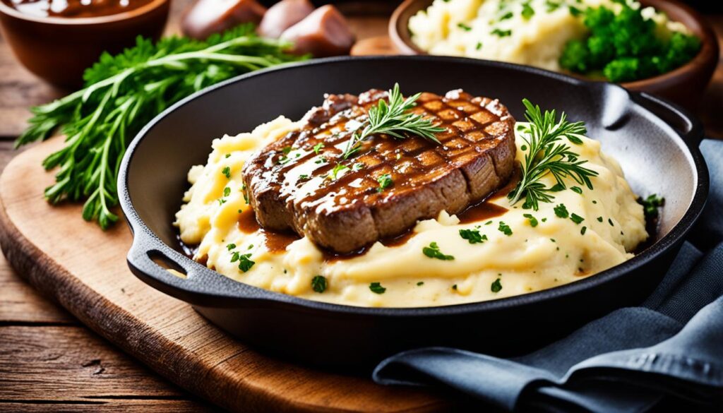 Cube steak and gravy over mashed potatoes