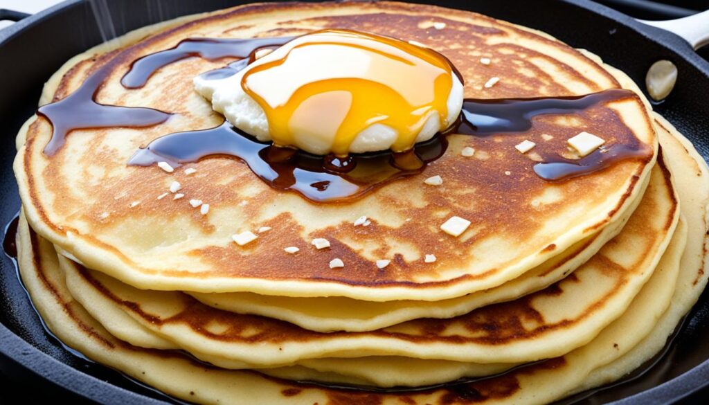 Fluffy buttermilk pancakes in cast iron skillet