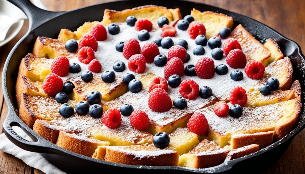 French toast casserole in cast iron skillet