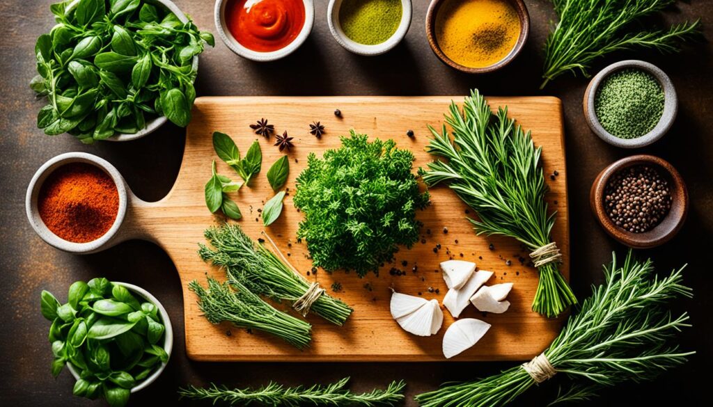 Fresh herbs and spices for creamy chicken recipes