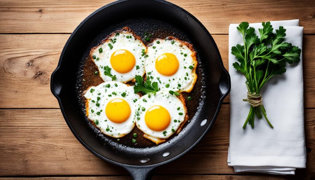 Fried eggs in cast iron skillet