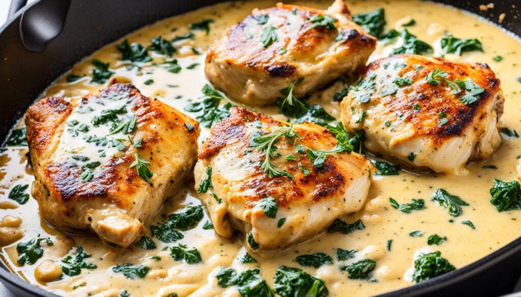 Garlic cream sauce skillet chicken thighs