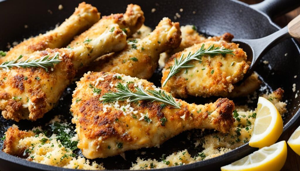 Garlic parmesan chicken drumsticks in a skillet