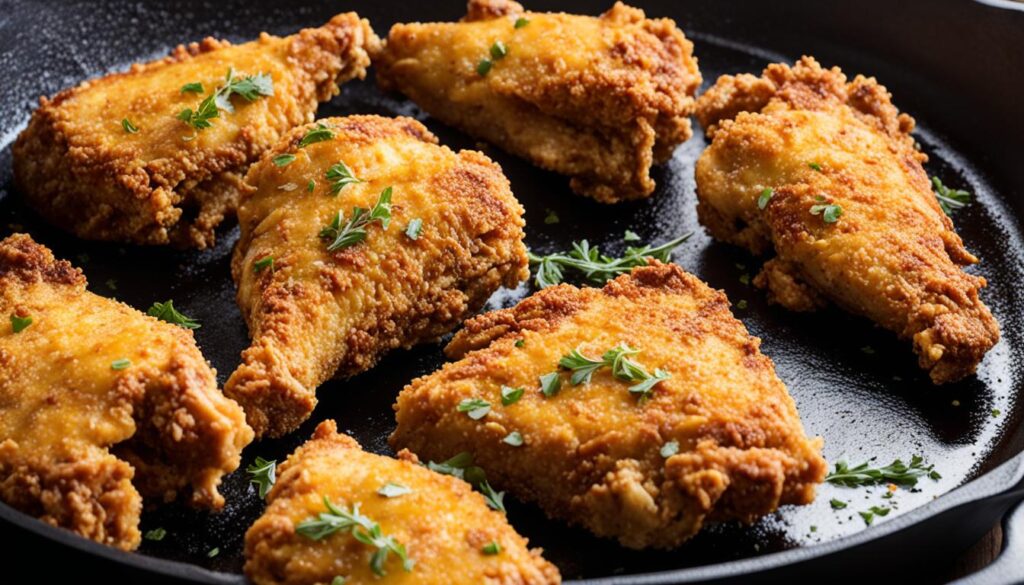 Gluten-free fried chicken in cast iron skillet