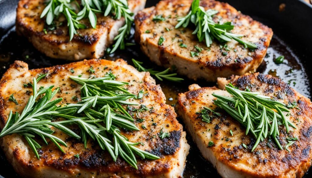 Herb-crusted pork chops in cast iron skillet