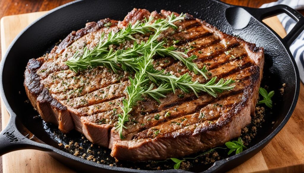 Herb-crusted steak in cast iron skillet