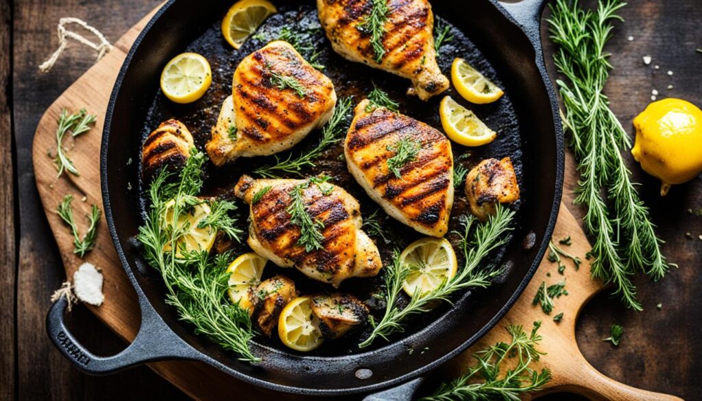 Herb-infused chicken in cast iron skillet