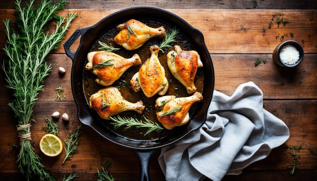 Herb-roasted chicken drumsticks in cast iron skillet